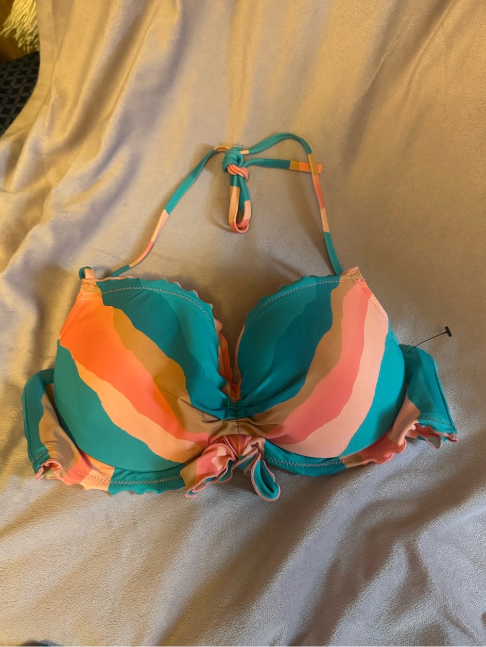 Women’s Teal & Coral Wave-Print Halter Bikini Top